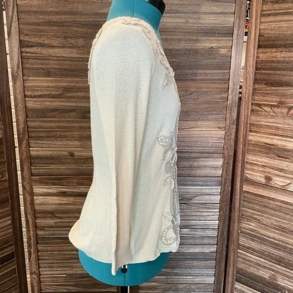 ANTHROPOLOGIE Knitted & Knotted Ivory Cardigan Felt Leaf Cashmere Cotton NWT - Picture 8 of 16